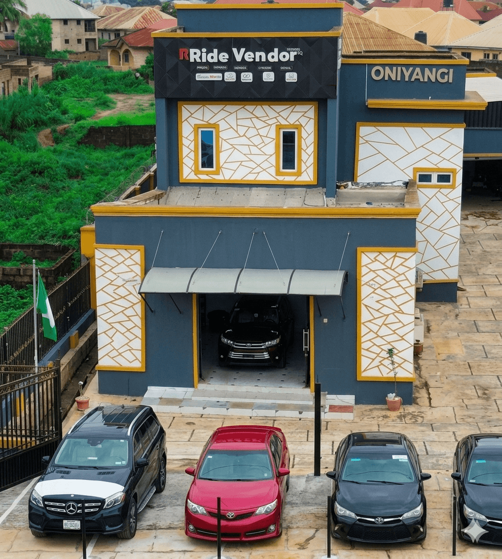 Aerial view of the Ride Vendor HQ with the fleet parked outside