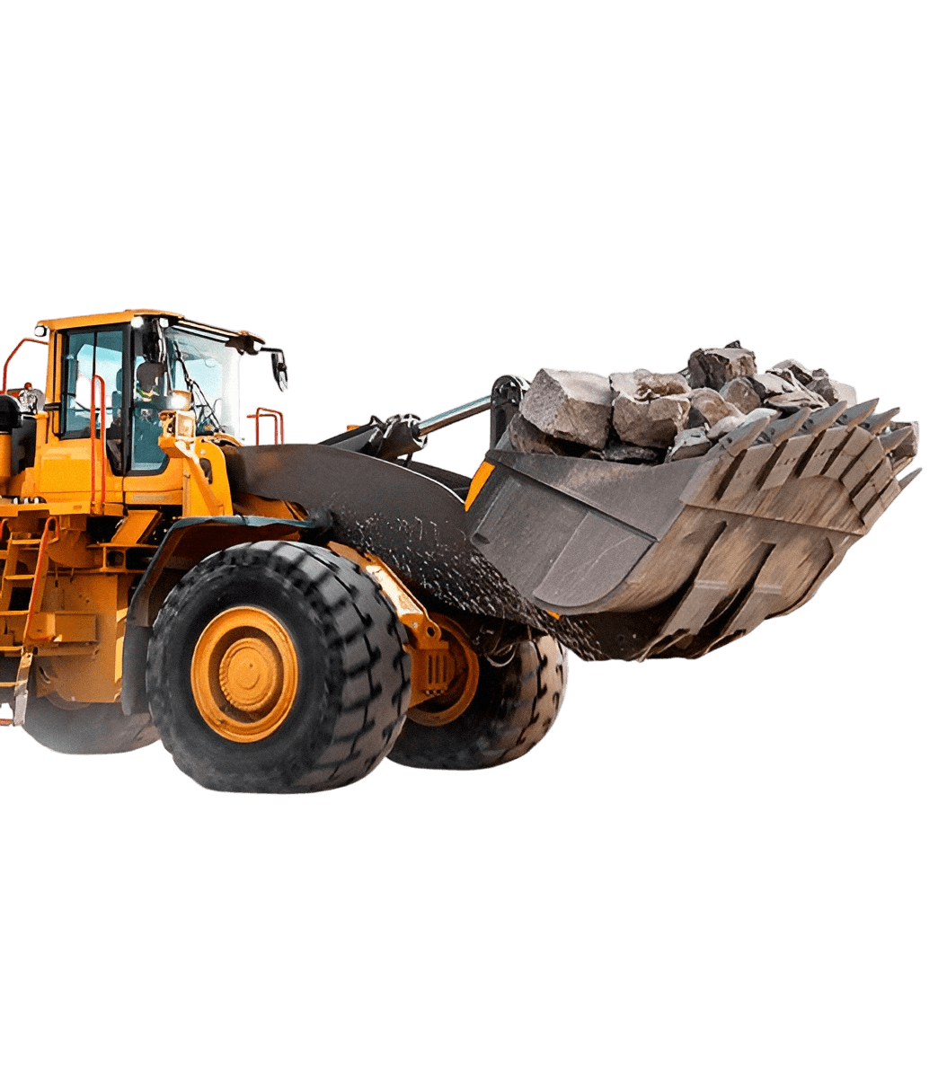 Yellow wheel loader bucket on a construction site