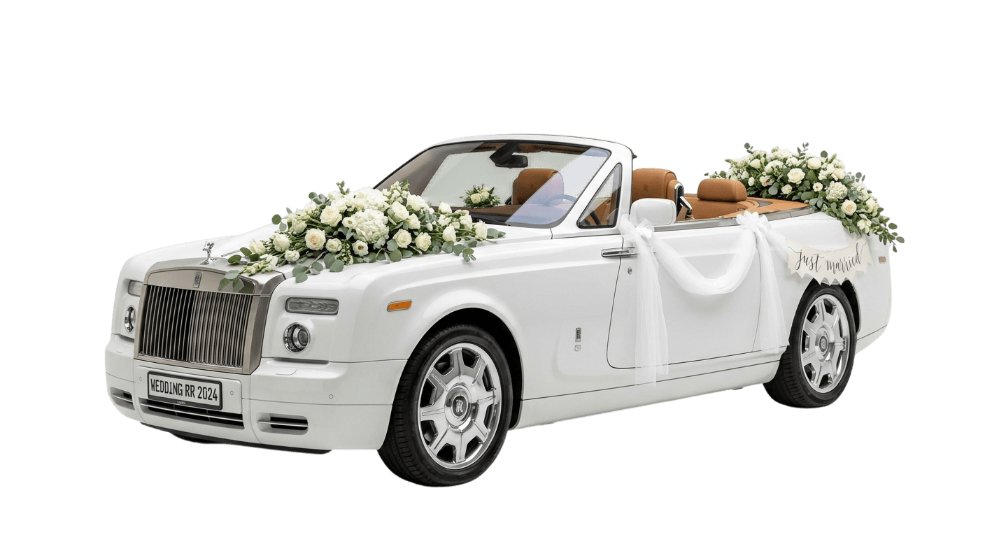 White vintage convertible decorated for a wedding